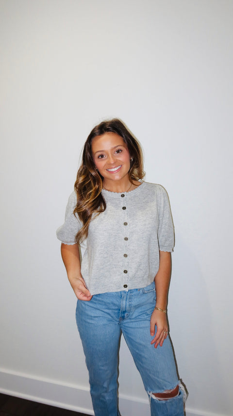 PUFF SHORT SLEEVE BUTTON DOWN KNIT CARDIGAN