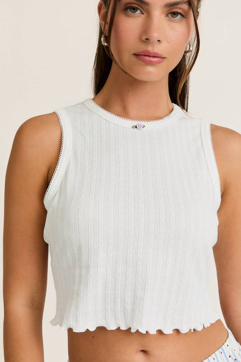 SLEEVELESS ROUND NECK LACE TRIMMED POINTELLE TANK TOP