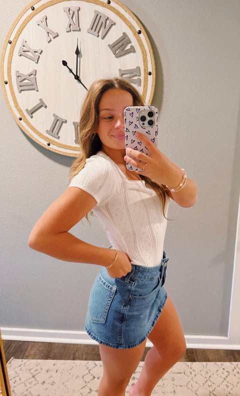 CAP SLEEVE SQUARE NECK POINTELLE SWEATER BODYSUIT