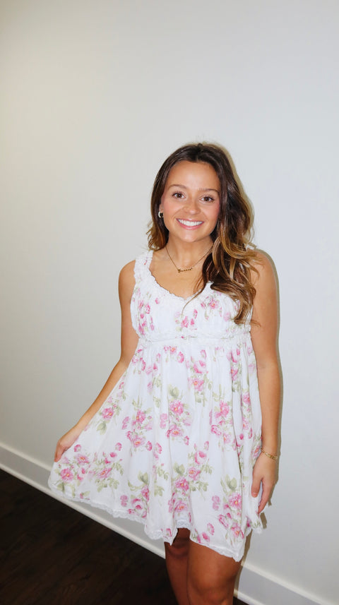 FLORAL V-NECK BAND STRAP RUFFLE LACE MINI DRESS