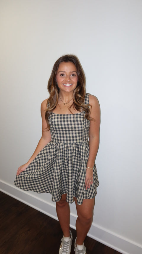 CHOCOLATE CHECKER PRINT FIT & FLARE MINI DRESS