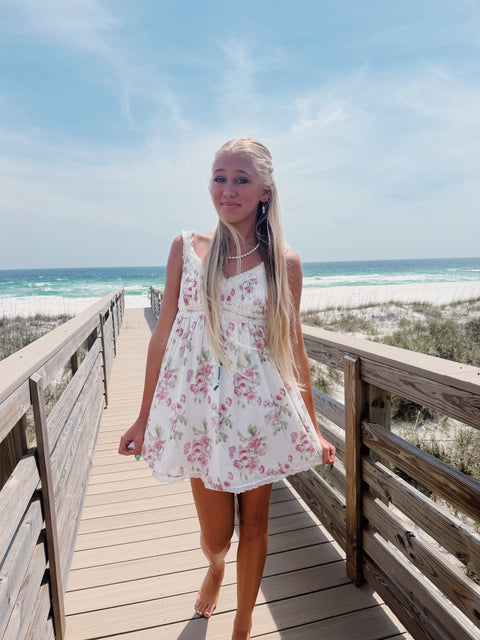 FLORAL V-NECK BAND STRAP RUFFLE LACE MINI DRESS