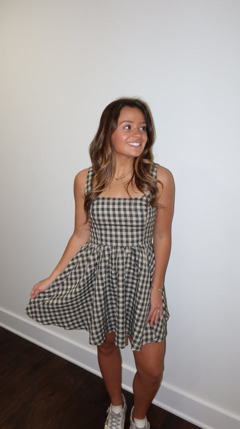 CHOCOLATE CHECKER PRINT FIT & FLARE MINI DRESS