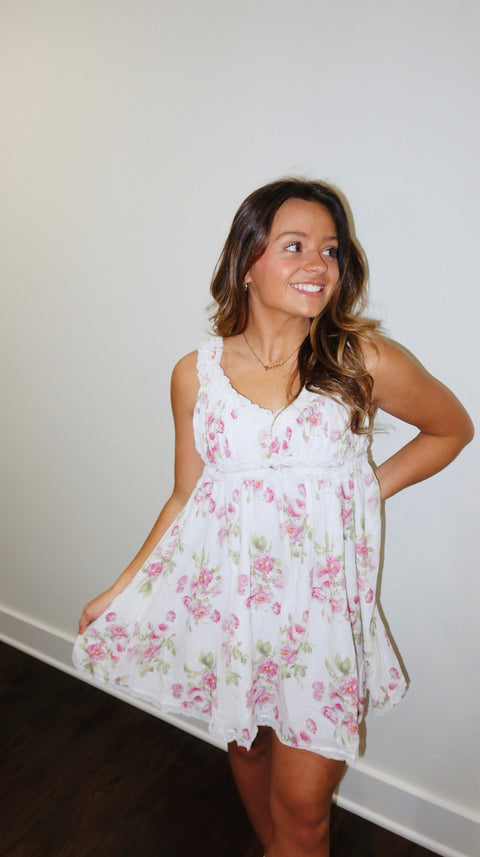 FLORAL V-NECK BAND STRAP RUFFLE LACE MINI DRESS