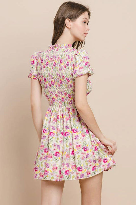 Floral Print Smocked Bodice Dress