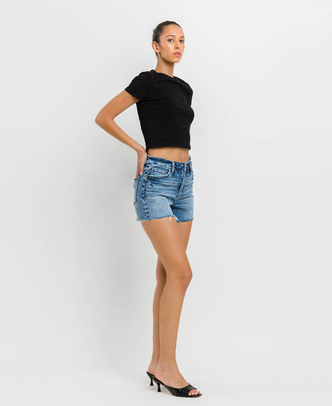 High Rise Raw Hem Denim Shorts