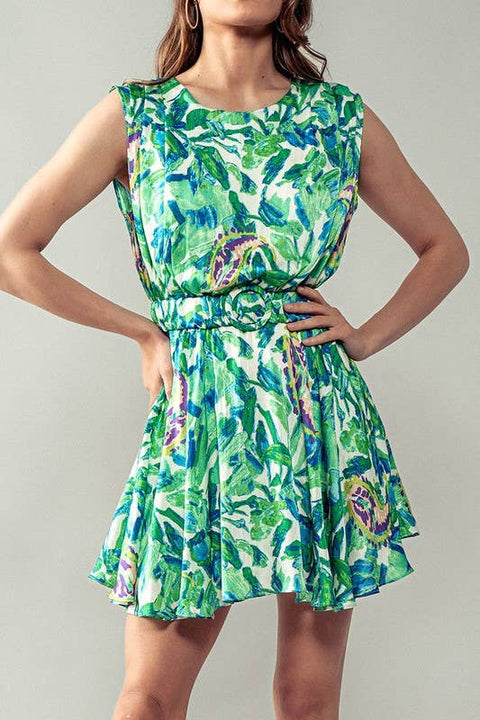 Sleeveless Belted Mini Dress - Belted Artsy Eclectic