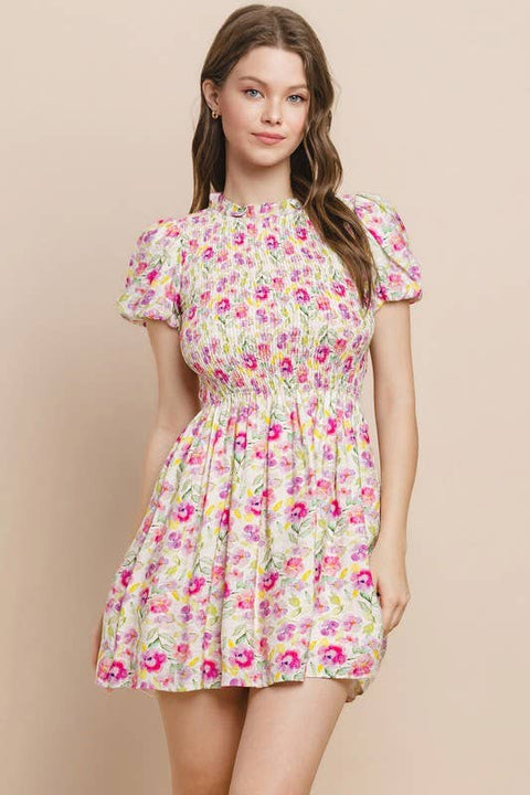 Floral Print Smocked Bodice Dress