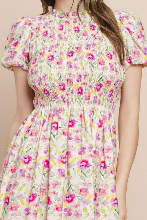 Floral Print Smocked Bodice Dress