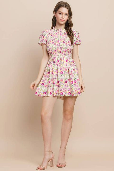 Floral Print Smocked Bodice Dress