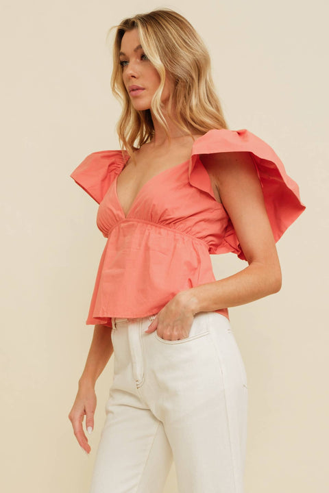 V-Neck Tie Back Ruffle Sleeve Blouse