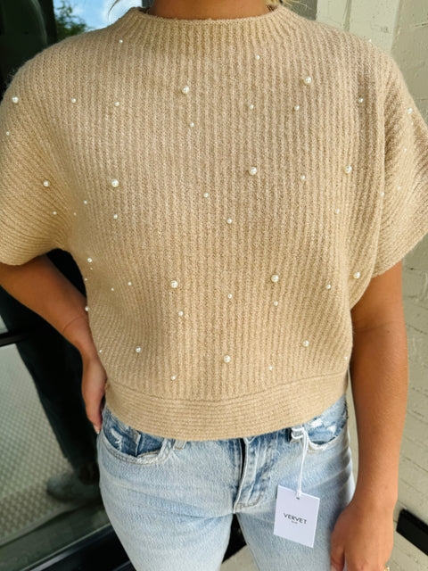 Pearl Embellished Mock Neck Sweater