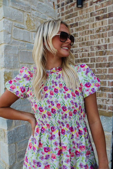 Floral Print Smocked Bodice Dress