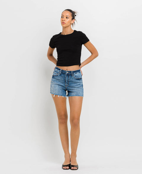 High Rise Raw Hem Denim Shorts