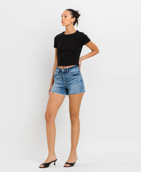 High Rise Raw Hem Denim Shorts