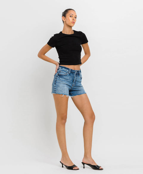 High Rise Raw Hem Denim Shorts