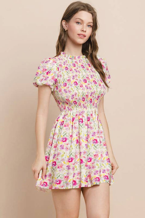 Floral Print Smocked Bodice Dress