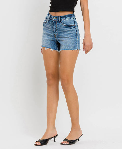 High Rise Raw Hem Denim Shorts